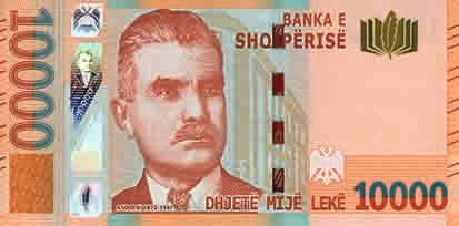Aversul bancnotei 10000 lek albanezi