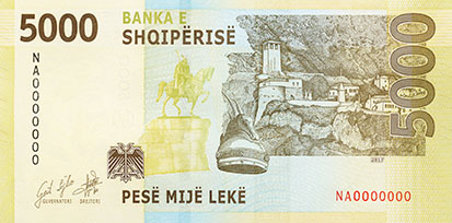 Reversul bancnotei 5000 lek albanezi