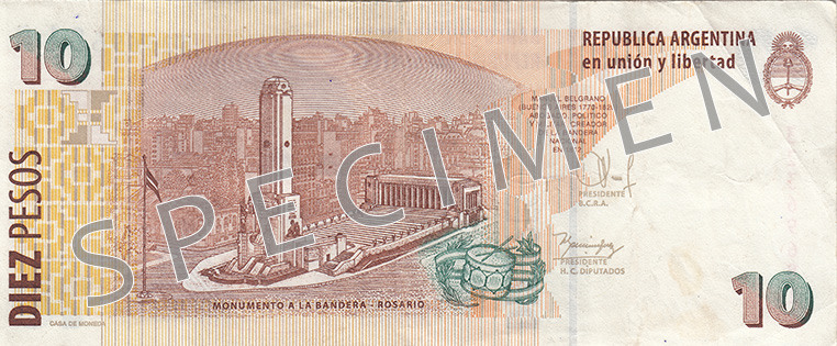 Reversul bancnotei de 10 Peso argentinian