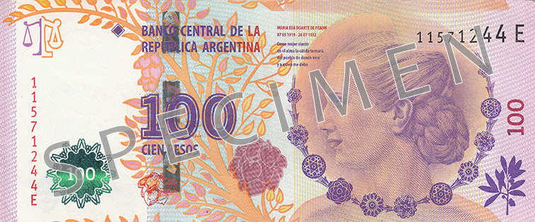 Aversul bancnotei de 100 Peso argentinian