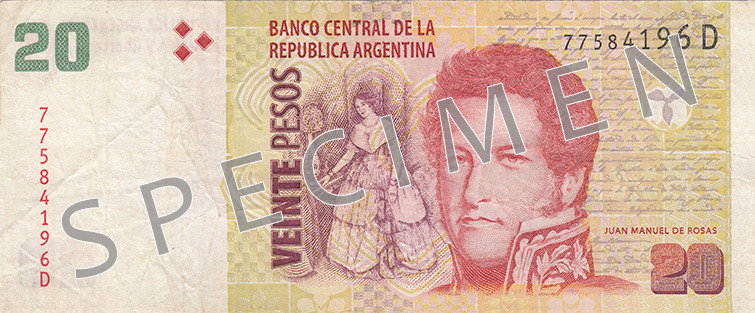 Aversul bancnotei de 20 Peso argentinian