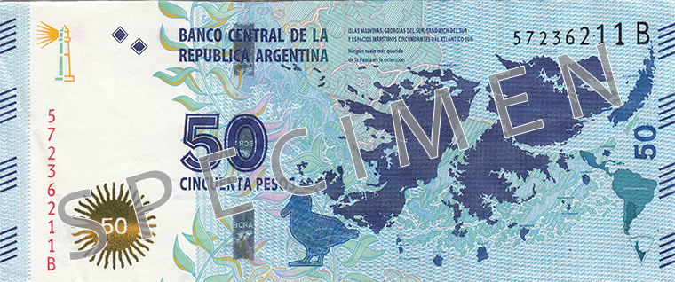 Aversul bancnotei de 50 Peso argentinian