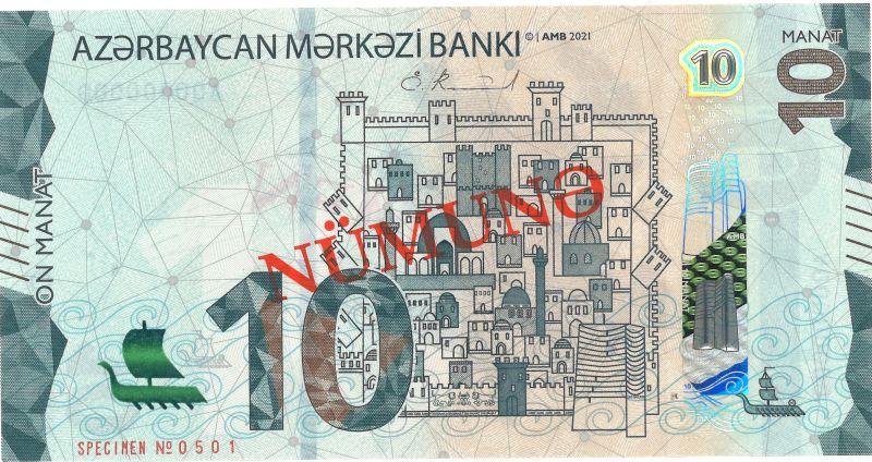 Obverse of banknote of 10 Azerbaijani manat 2021