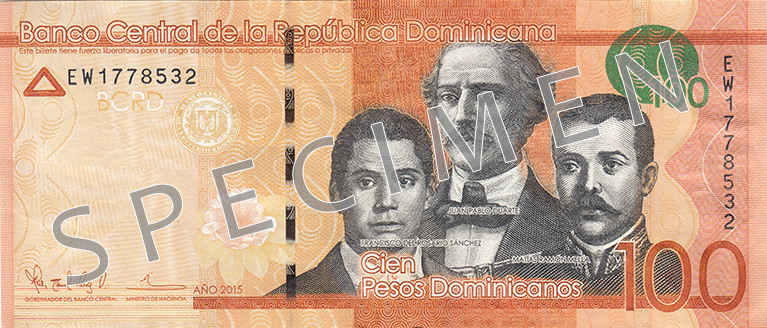 Aversul bancnotei de 100 peso dominicani