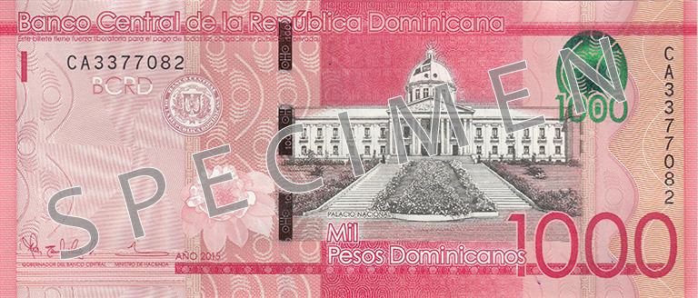 Aversul bancnotei de 1000 peso dominicani