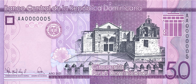 Aversul bancnotei de 50 peso dominicani