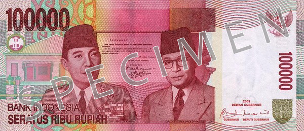 Aversul bancnotei de 100000 rupii indoneziene 2009