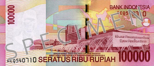 Reversul bancnotei de 100000 rupii indoneziene 2009