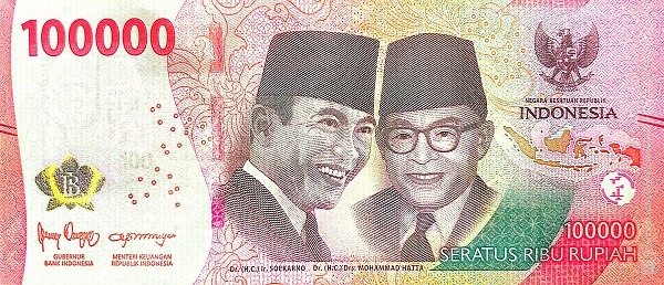 Aversul bancnotei de 100000 rupii indoneziene 2022