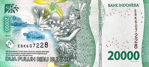 Reversul bancnotei de 20000 rupii indoneziene 2023