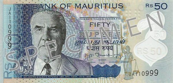 Aversul bancnotei de 50 rupii mauritiene