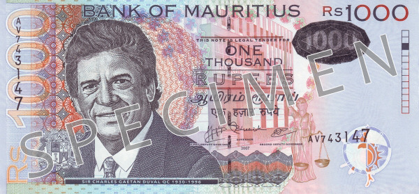 Aversul bancnotei de 1000 rupii mauritiene