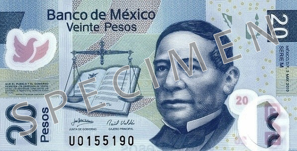 Aversul bancnotei de 20 peso mexicani