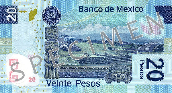 Reversul bancnotei de 20 peso mexicani