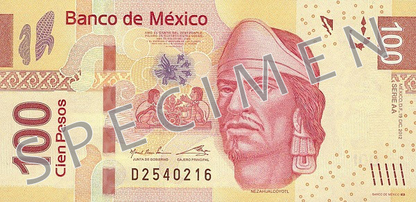 Aversul bancnotei de 100 peso mexicani