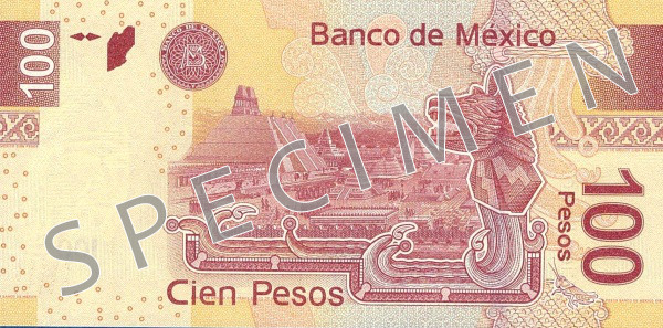 Reversul bancnotei de 100 peso mexicani