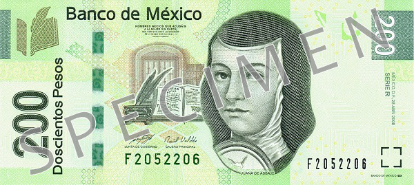 Aversul bancnotei de 200 peso mexicani