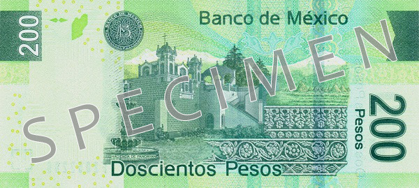 Reversul bancnotei de 200 peso mexicani