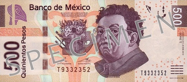 Aversul bancnotei de 500 peso mexicani