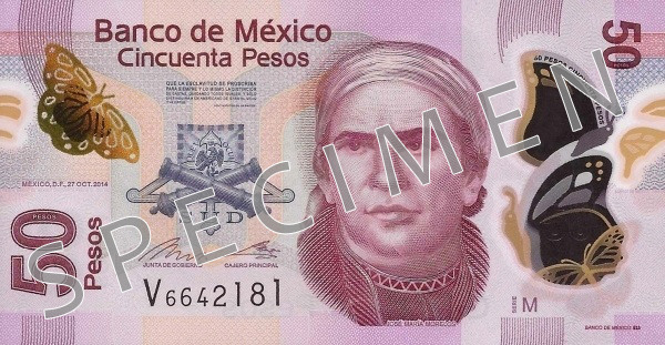 Aversul bancnotei de 50 peso mexicani