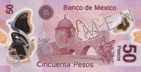 Reversul bancnotei de 50 peso mexicani