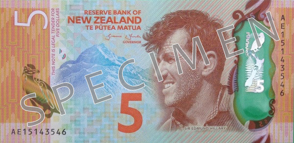 Aversul bancnotei de 5 dolari neozeelandezi