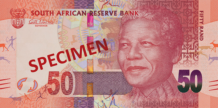 Aversul bancnotei de 50 rand sud-african